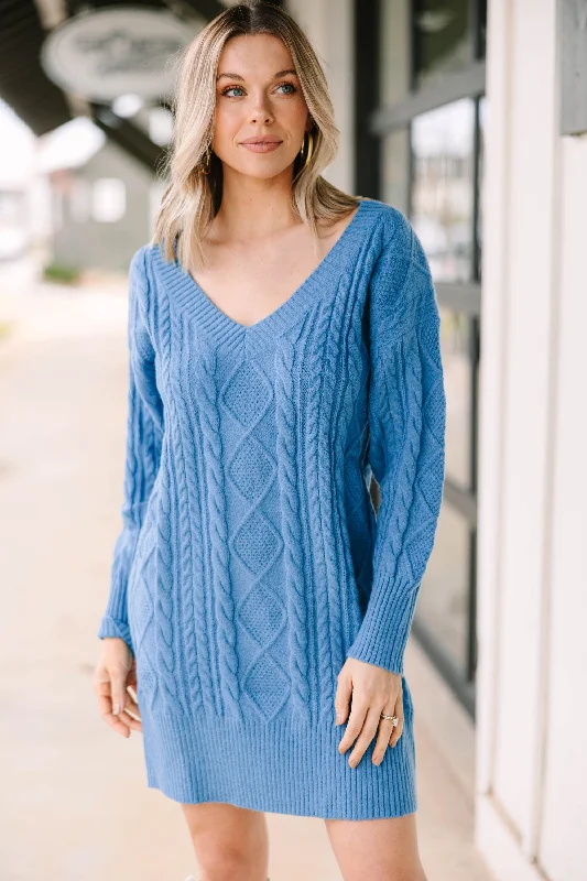 High End Women's Wear We All Know Blue Cable Knit Sweater Dress