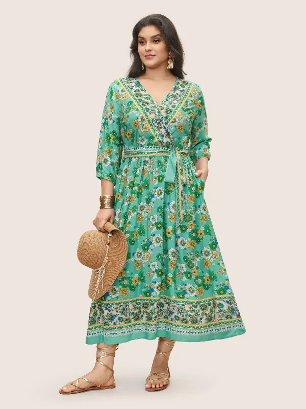 Luxury Fashion Bandana Print Surplice Neck Lantern Sleeve Dress