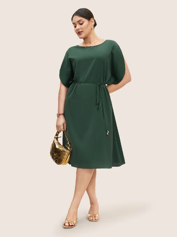 Timeless Women's Fashion Styles Solid Boat Neck Dolman Sleeve Belted Dress