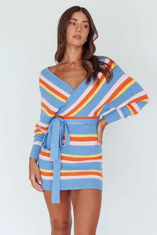 Clothes Woman Cameo Batwing Knit Dress Striped Blue