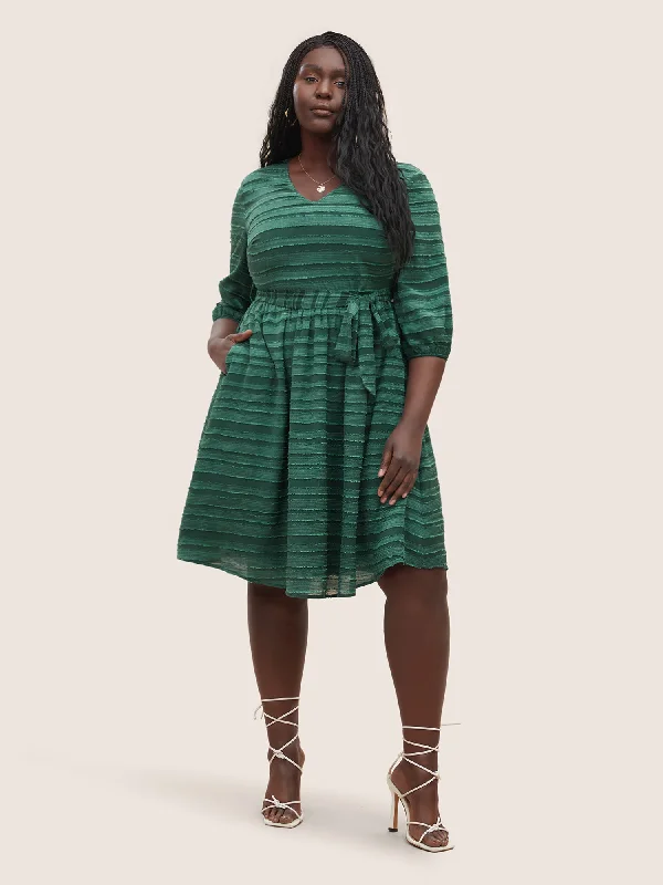 Women's Formal Clothes Striped Plisse Ties Pocket Lantern Sleeve Dress