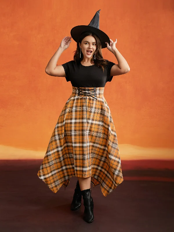 Women's Clothing for Every Season and Trend Elastic Plaid Asymmetrical Hem Dress
