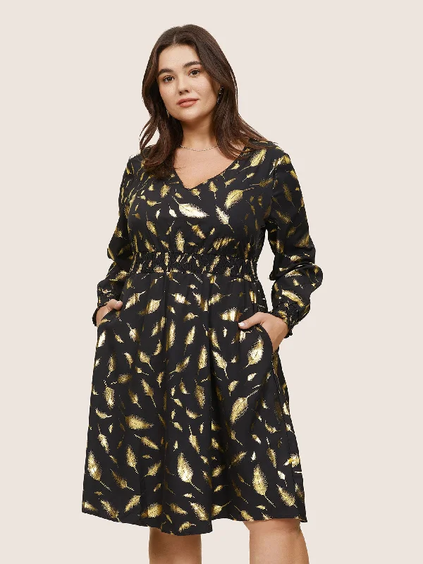 Stylish Everyday Clothing Feather Glitter Shirred Elastic Cuffs Dress