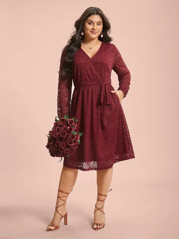 Elegant Clothing Crochet Lace Mesh Surplice Neck Belted Dress