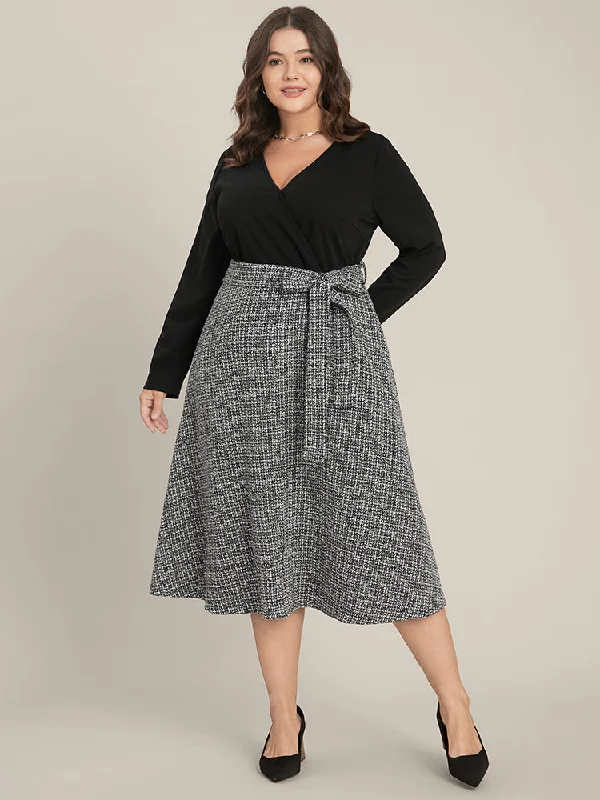 Save Big Plaid Patchwork Surplice Neck Belted Tweed Dress