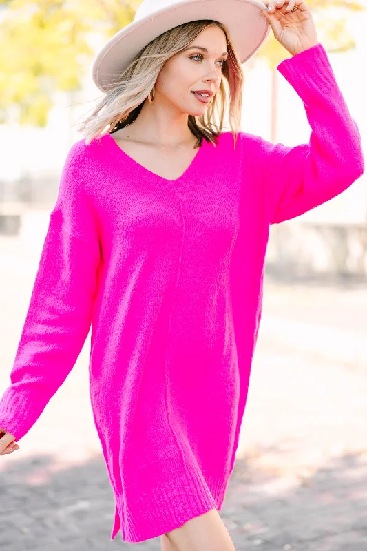 Women's Trendy Garments Ready For The Day Hot Pink Sweater Dress