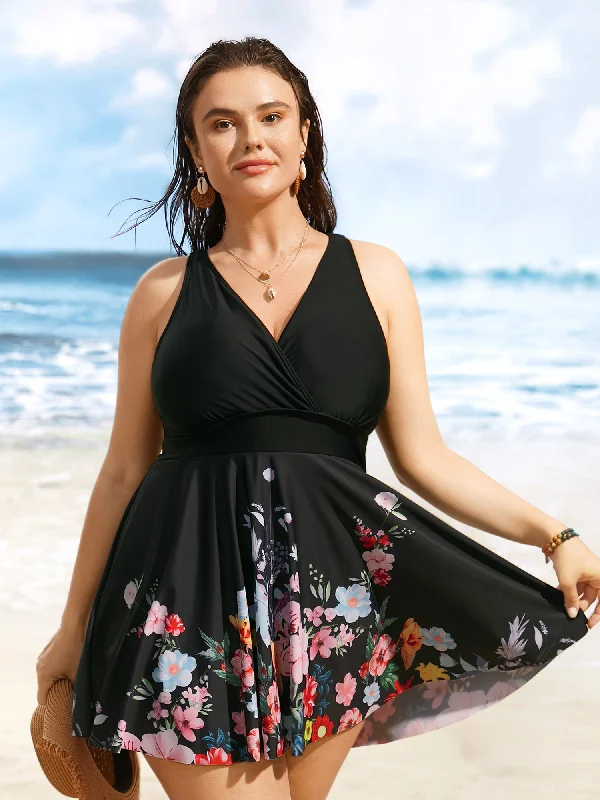 Best Clearance Sales Right Now Overlap Collar Natural Flowers Gathered Swim Dress