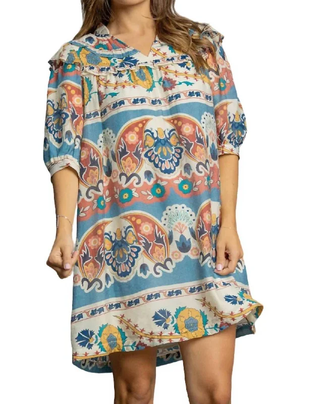 Women's Clothing for All Occasions Border Dress In Blue Mix