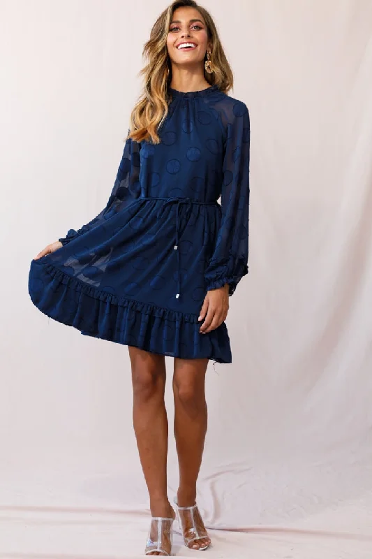 Women's Evening Garments Tracee High Neckline Sheer Sleeve Polka Dot Dress Navy