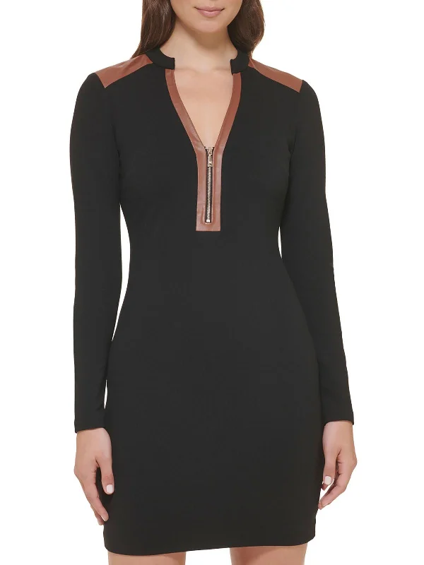 Women's Chic Outerwear Outfit Womens Ponte Faux Leather Trim Sheath Dress