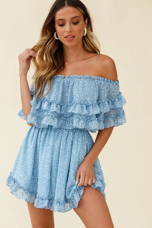 Women's Outfit For The Office Meet Me At Sunset Bardot Neckline Frill Trim Dress Speckle Print Blue