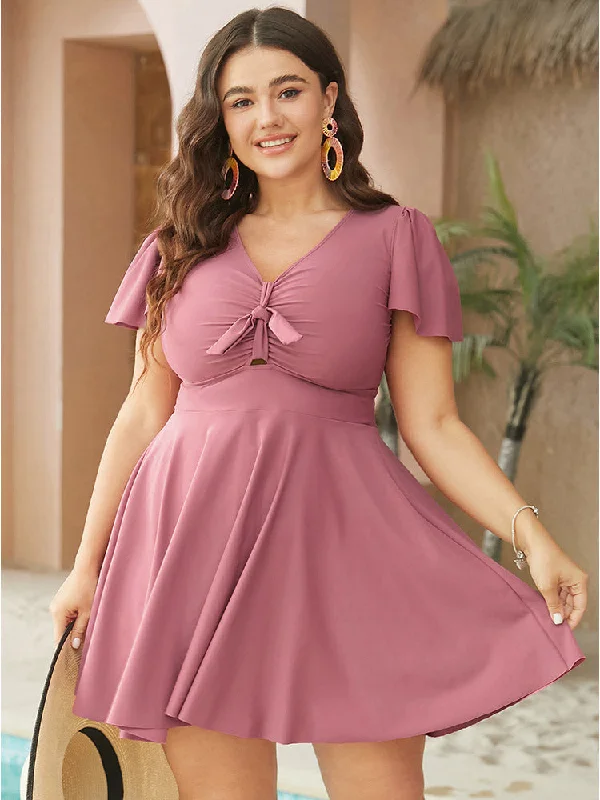 Women's Cozy Clothes Ruffle Sleeve Knotted Front Ruched Swim Dress