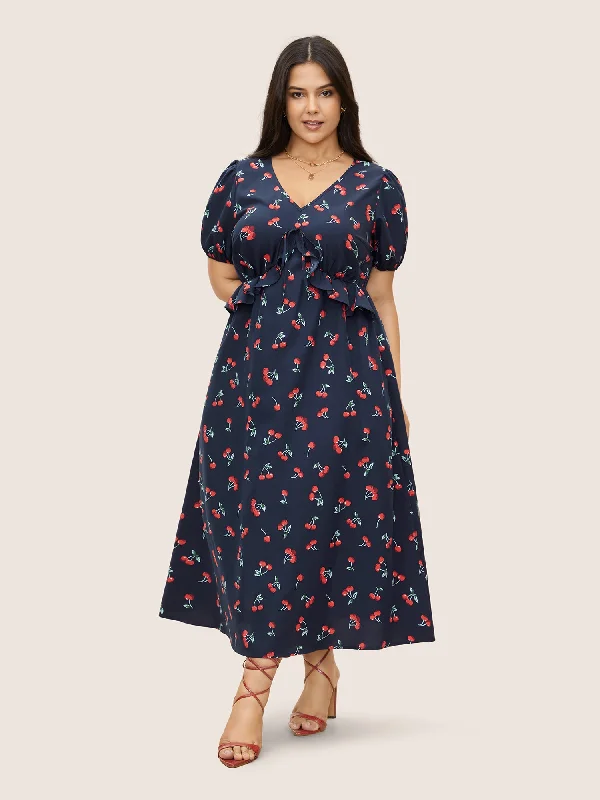 Unique Women's Fashion Pieces Citrus Fruit Print Tie Knot Gathered Puff Sleeve Dress Unique Women's Fashion Pieces Citrus Fruit Print Tie Knot Gathered Puff Sleeve Dress