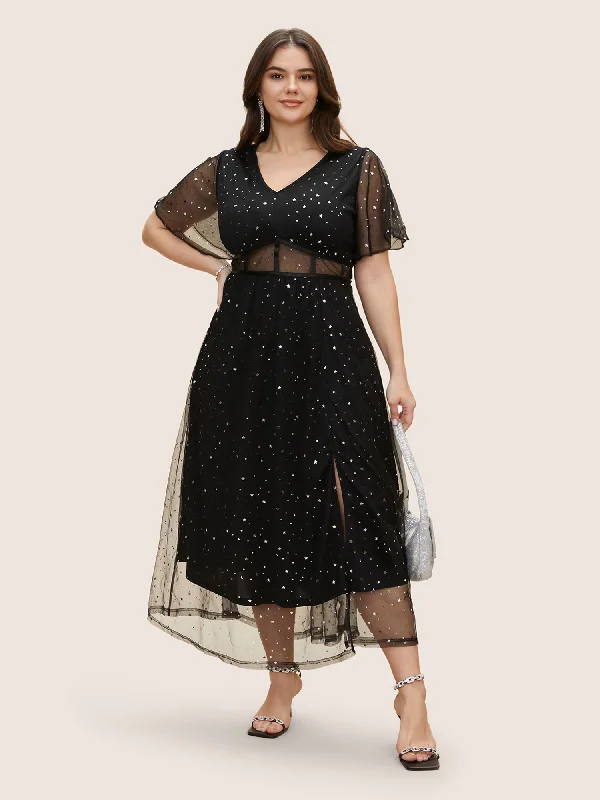Women's Apparel And Garments Glitter Star Mesh Patchwork Split Hem Dress
