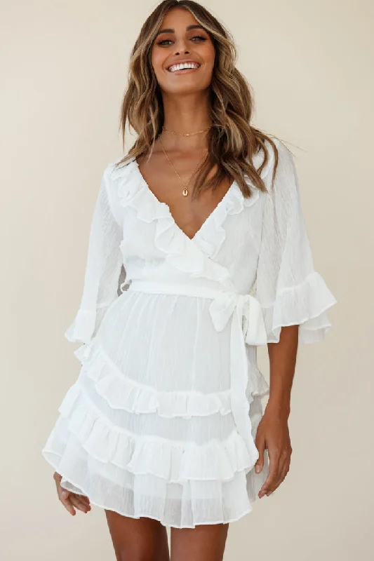 Stylish Savings Time Will Tell Angel Sleeve Frill Detail Dress White