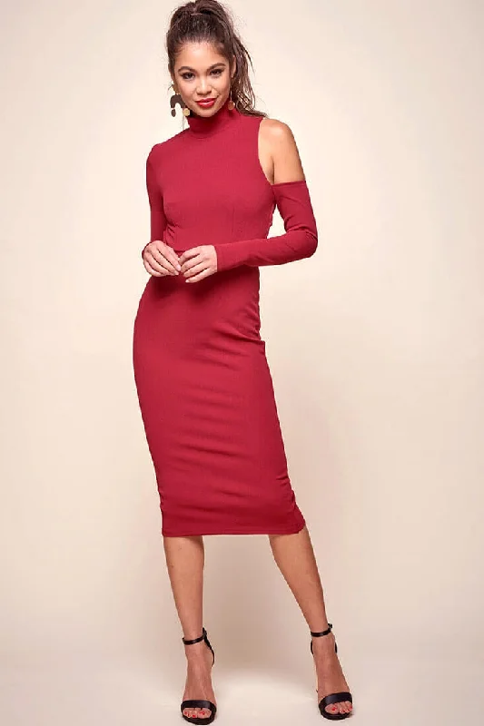 Women's Chic Outerwear Garments Sofie Asymmetrical cutout Turtle Neck Dress Red