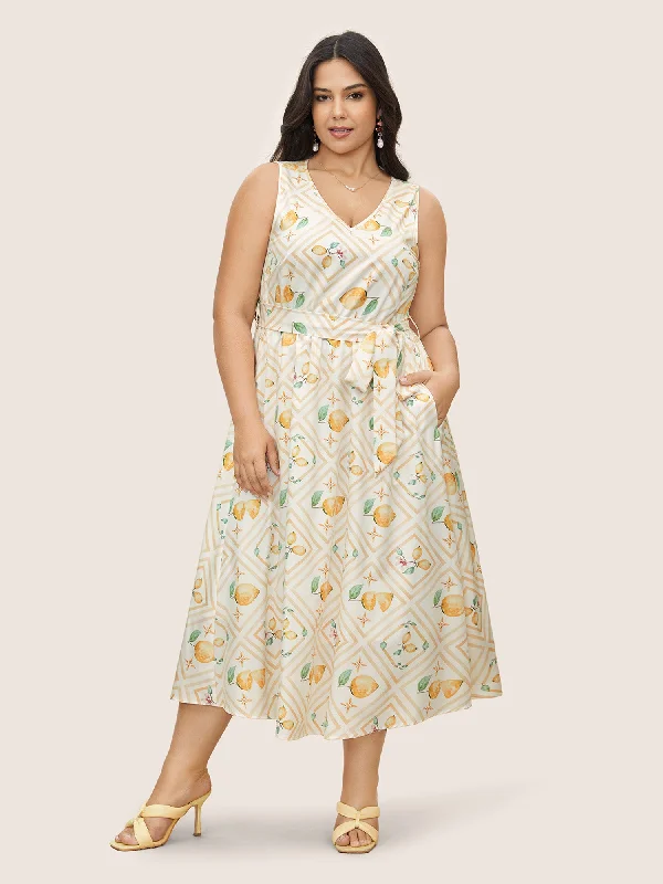 Affordable Women's Clothing Online Citrus Lemon Print Gathered Belted Tank Dress