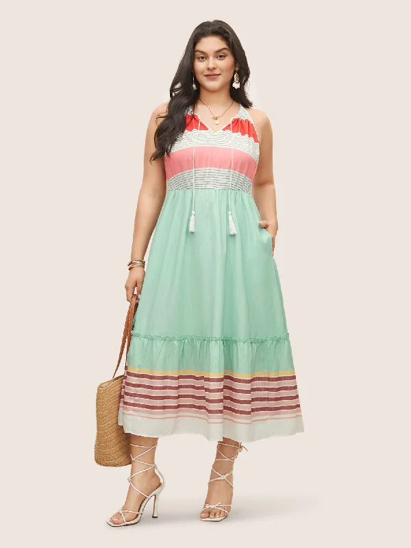 Women's Clothes for All-Day Comfort and Style Striped Contrast Drawstring Knot Ties Dress