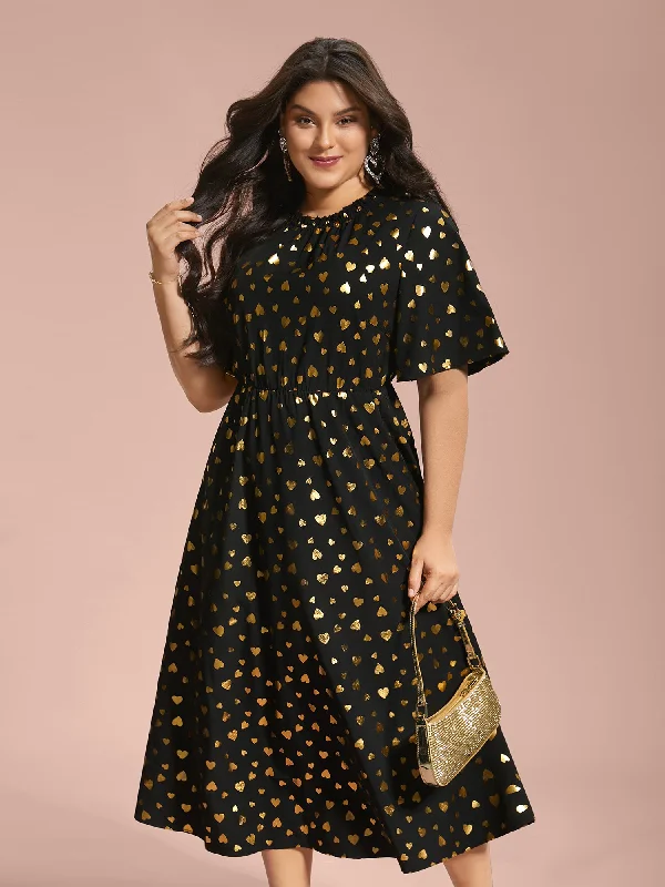 Online Boutique Stores Glitter Heart Print Stretchy Waist Dress