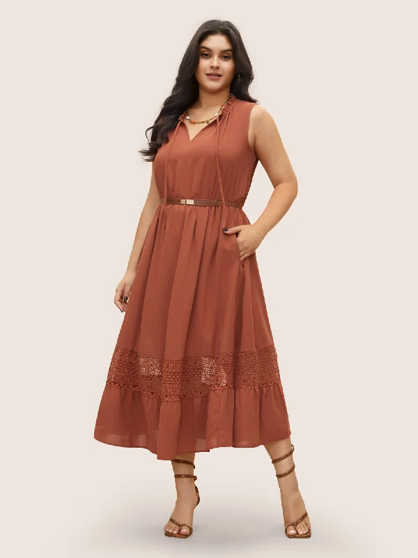 Colorful Clothing Lace Panel Tie Neck Frill Trim Tank Dress