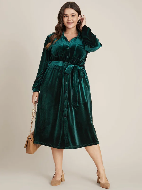Women's Clothing Solid Shirt Collar Pocket Button Up Belted Velvet Dress