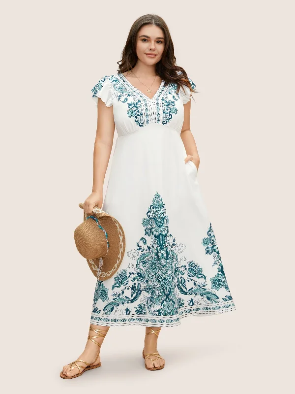 Chic Women's Garments V Neck Boho Print Ruffle Cap Sleeve Dress
