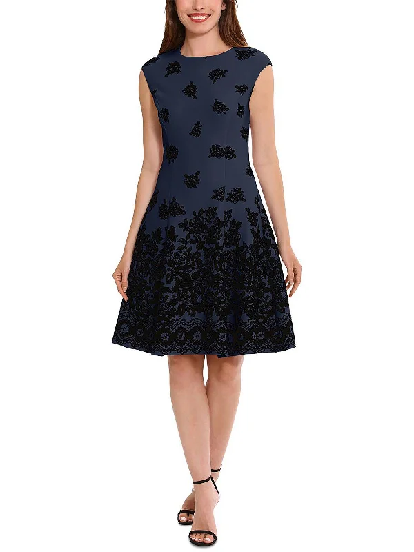 Women's Tailored Outfit Petites Womens Flocked Scuba Fit & Flare Dress
