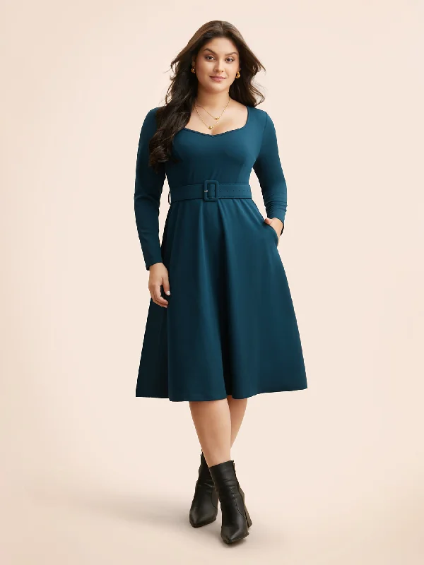 Charming Women's Outfit For Special Occasions Solid Heart Neckline Belted Dress