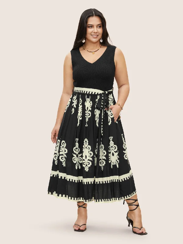 Women's Seasonal Garments Rayon Boho Print Shirred Belted Dress