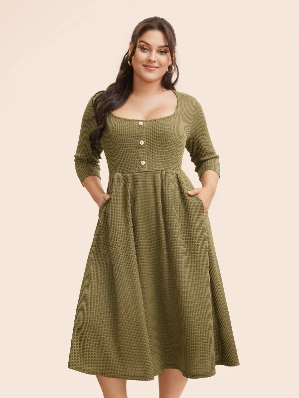 Affordable Women's Fashion Square Neck Waffle Knit Button Detail Dress