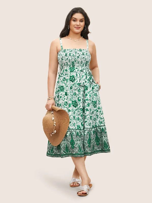 Fashionable Tops for Women Bandana Print Shirred Patchwork Pocket Cami Dress