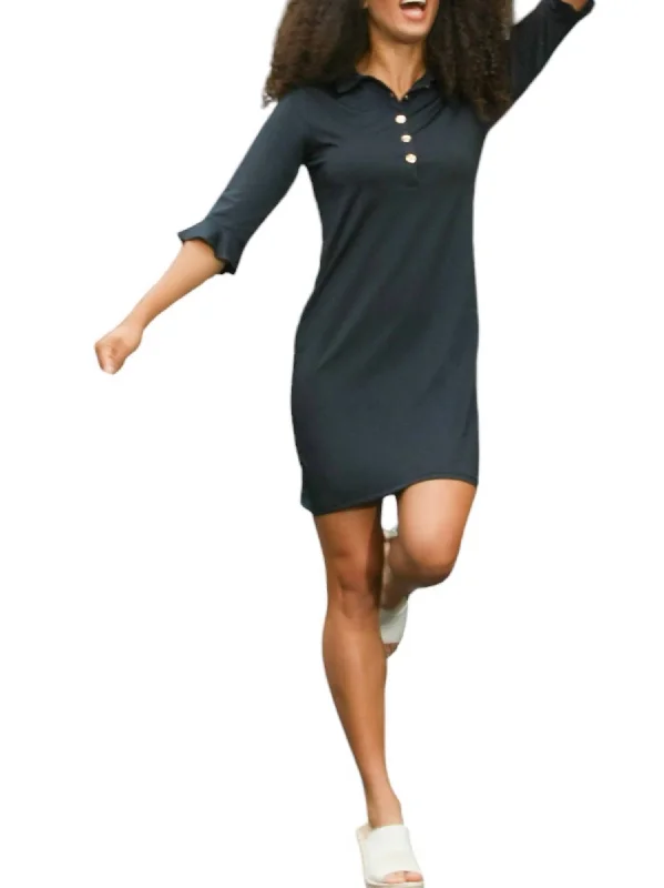 Sustainable Women's Clothing Flounce Sleeve Polo Dress In Black