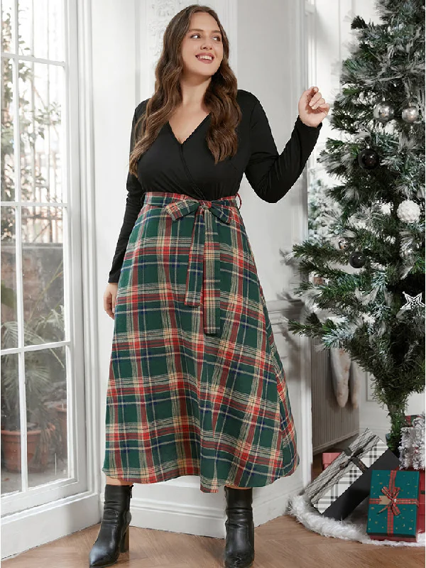 Vibrant Femme Fashion Solid Patchwork Surplice Neck Belted Plaid Dress
