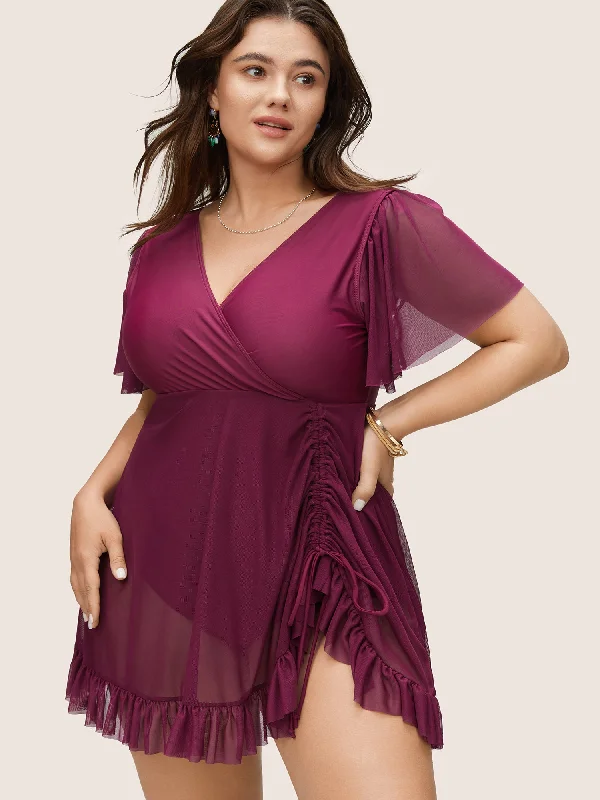 Casual Chic Plain Drawstring Gathered Flutter Hem Swim Dress