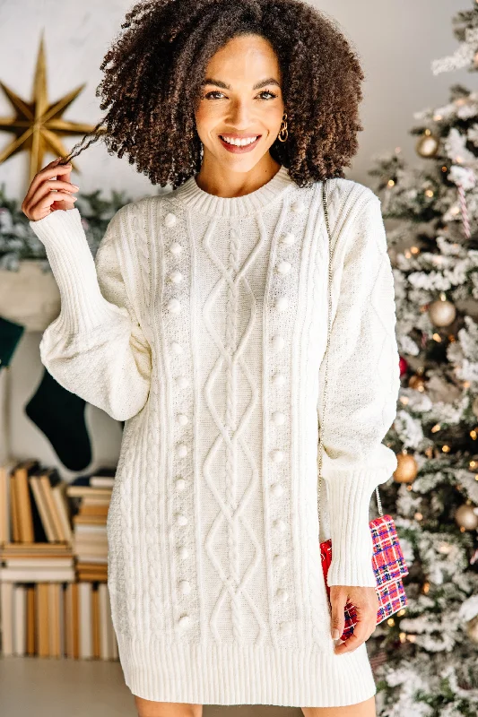 Women's Elegant Outfit I'll Wait For You Ivory White Pompom Sweater Dress