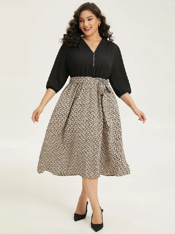 Glamorous Evening Wear Geometric Graphic Zipper Patchwork Belted Dress
