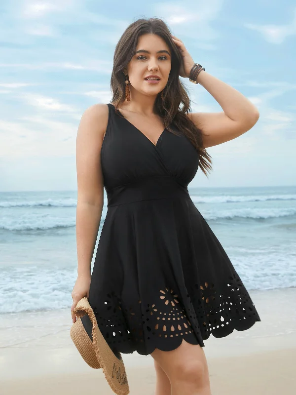 Trendy Athleisure Clothing For Women Laser Cut Surplice Neck Waist-Cinched Swim Dress