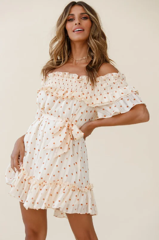 Women's Formal Clothes Rita Shirred Off-Shoulder Dress Polka Dot Print Beige
