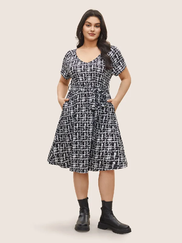 Women's Clothing Sale Plaid Elastic Waist Belted Pocket Dress