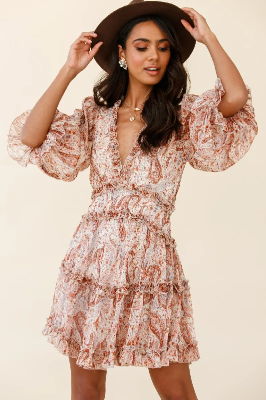 Designer Women's Fashion Online Laney Cutout Back Ruffle Trim Dress Paisley Print Rust
