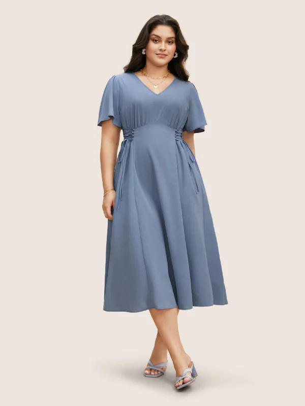 Women's Travel Garments V Neck Shirred Gathered Lace Up Dress