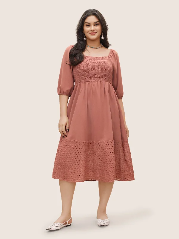 Hot Trends Solid Square Neck Shirred Elastic Waist Cut Out Dress