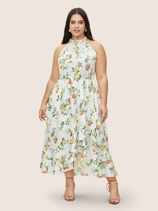 Women's Outerwear for All Weather Conditions Citrus Lemon Print Elastic Waist Halter Neck Dress Women's Outerwear for All Weather Conditions Citrus Lemon Print Elastic Waist Halter Neck Dress