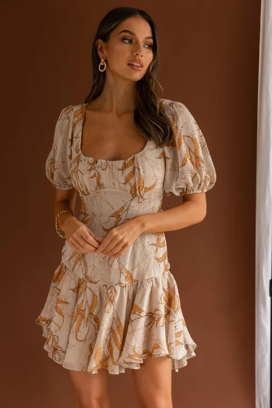 End Of Season Sale Clothing Petite Cherie Puff Sleeve Lace-Up Back Dress Leaf Print Beige End Of Season Sale Clothing Petite Cherie Puff Sleeve Lace-Up Back Dress Leaf Print Beige