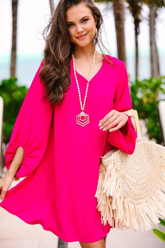 Formal Garments For Women Loud And Clear Fuchsia Pink Bubble Sleeve Dress