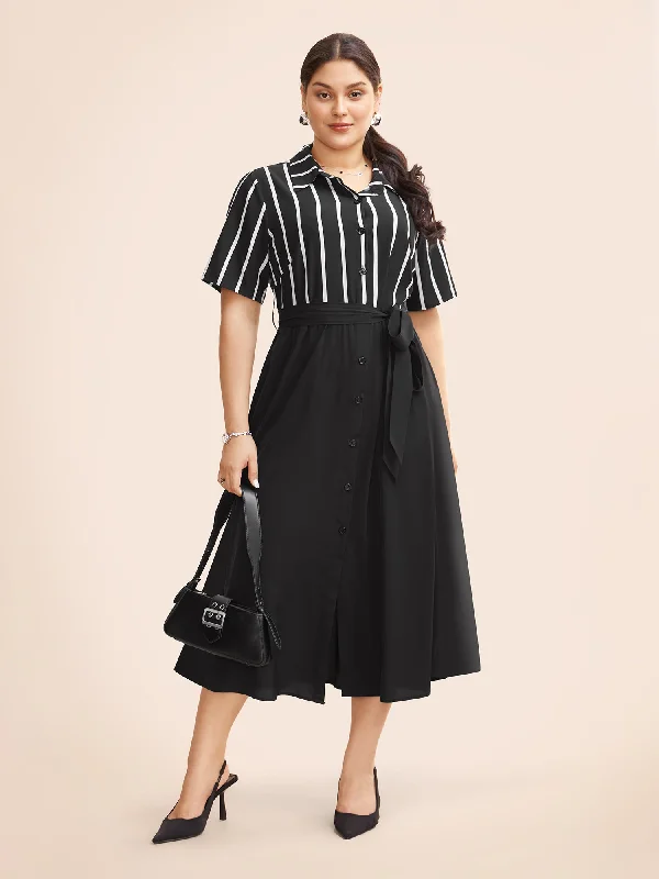 Women's Formal Wear Shirt Collar Striped Patchwork Button Up Dress
