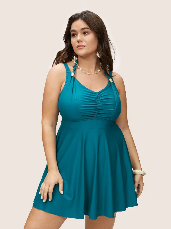Everyday Women's Fashion Trends Plain Ruched Adjustable Straps Bowknot Swim Dress