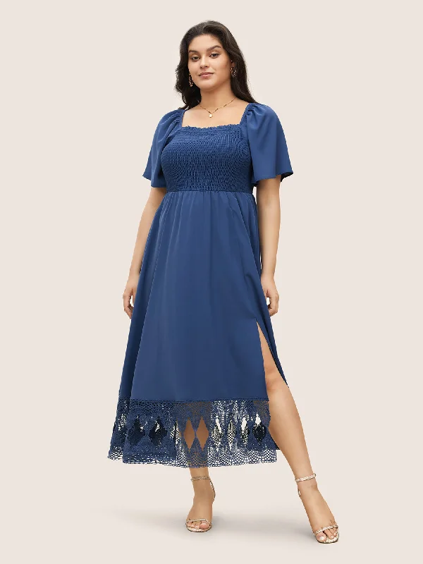 Woman Clothing Square Neck Shirred Lace Trim Slit Hem Dress