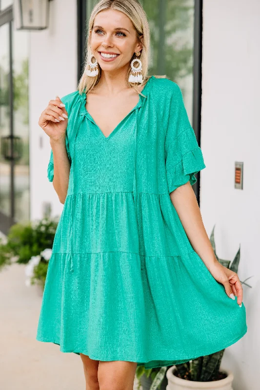 Stylish Women's Garments For Holidays Dream A Little Dream Emerald Green Linen Dress