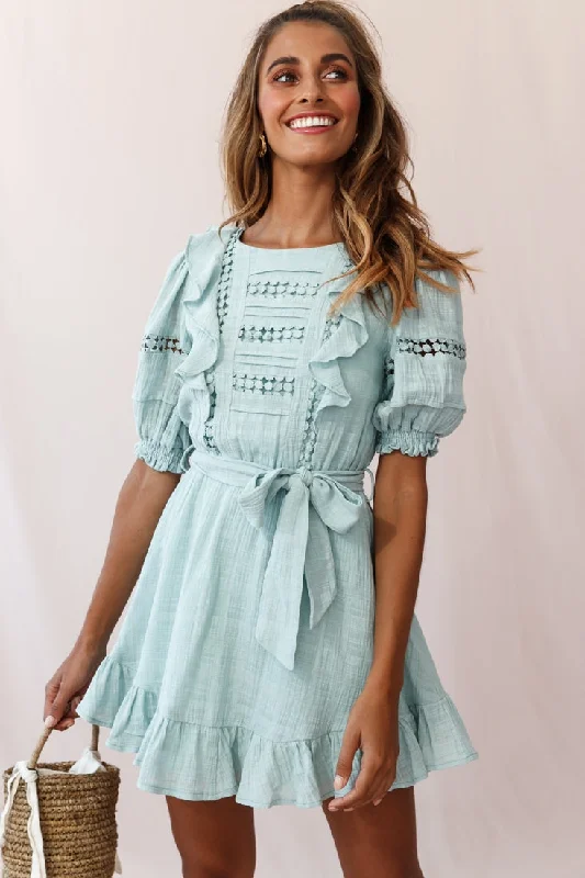 Affordable Women's Fashion Delia Puff Sleeve Crochet Detail Dress Sage